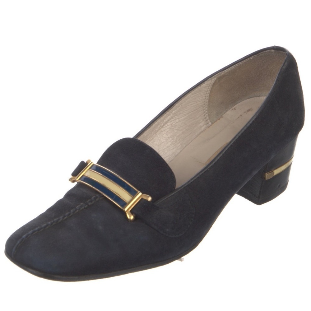 Gucci Vintage Blue Suede Chain-Link Accent Block Heel Square Toe Pumps Size 8.5 - Picture 4 of 12